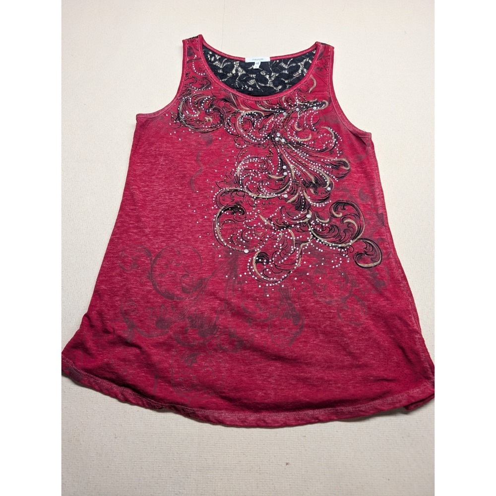 Maurice's Women Sleeveless Tank Size S Red With Flourishes Black Lace On Back